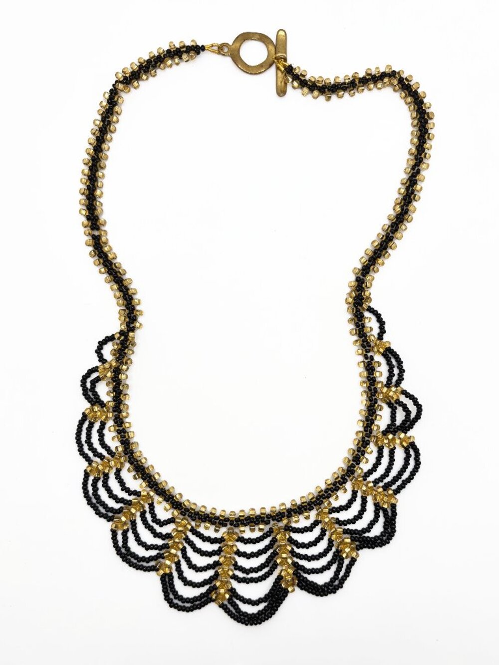 Black & Gold Beaded Statement Bib Necklace Layered Boho Festival Jewelry